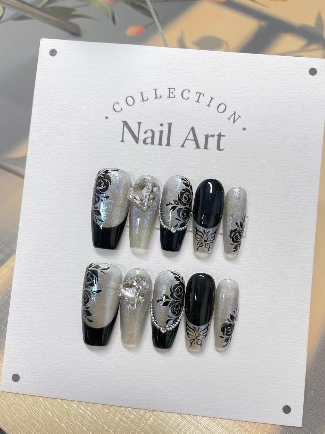 Black Rose Press On Nails: Hand Painted Diamond Accent Faux Nails