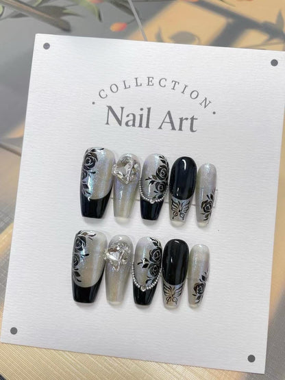 Black Rose Press On Nails: Hand Painted Diamond Accent Faux Nails