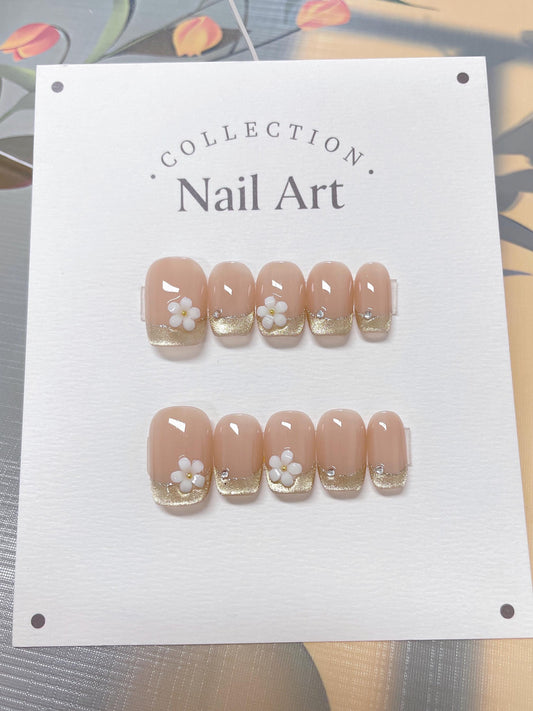 Gold French Flower Press On Nails: Hand Painted Reusable Faux Nails