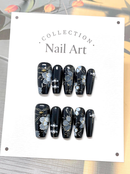 Hand Painted Flower Press On Nails: Elegant Artist Faux Nails