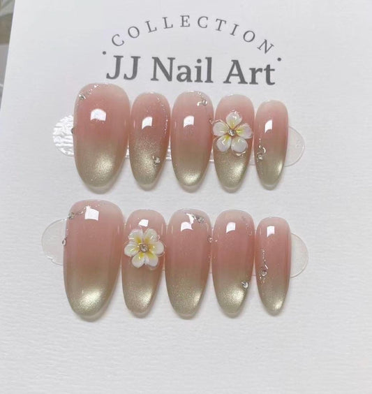 3D Handmade Petals Ombre Press On Nails: Custom Shape Reusable Set