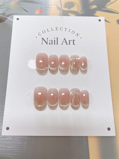 Crystal Bow Tie Cat Eye Press On Nails: Hand Painted Reusable Faux Nails