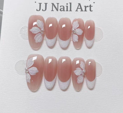 Shinning White Petals French Hand Painted Press On Nails: Custom Shape Reusable Nail Set