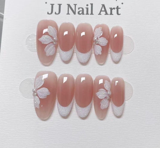 Shinning White Petals French Hand Painted Press On Nails: Custom Shape Reusable Nail Set