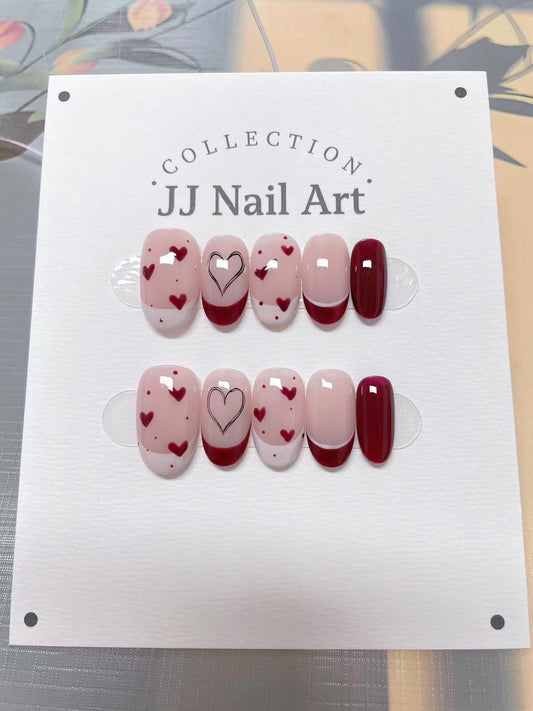 Valentines Hearts French Hand Painted Press On Nails: Custom Shape Reusable Nail Set