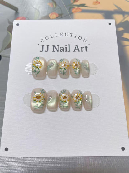 Sun Flowers Cat Eye Press On Nails: Custom Shape Reusable Set
