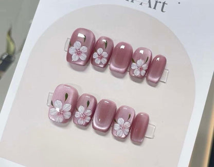 Handmade Pink Rose Cat Eye Press On Nails: Reusable Coquette Faux Nails