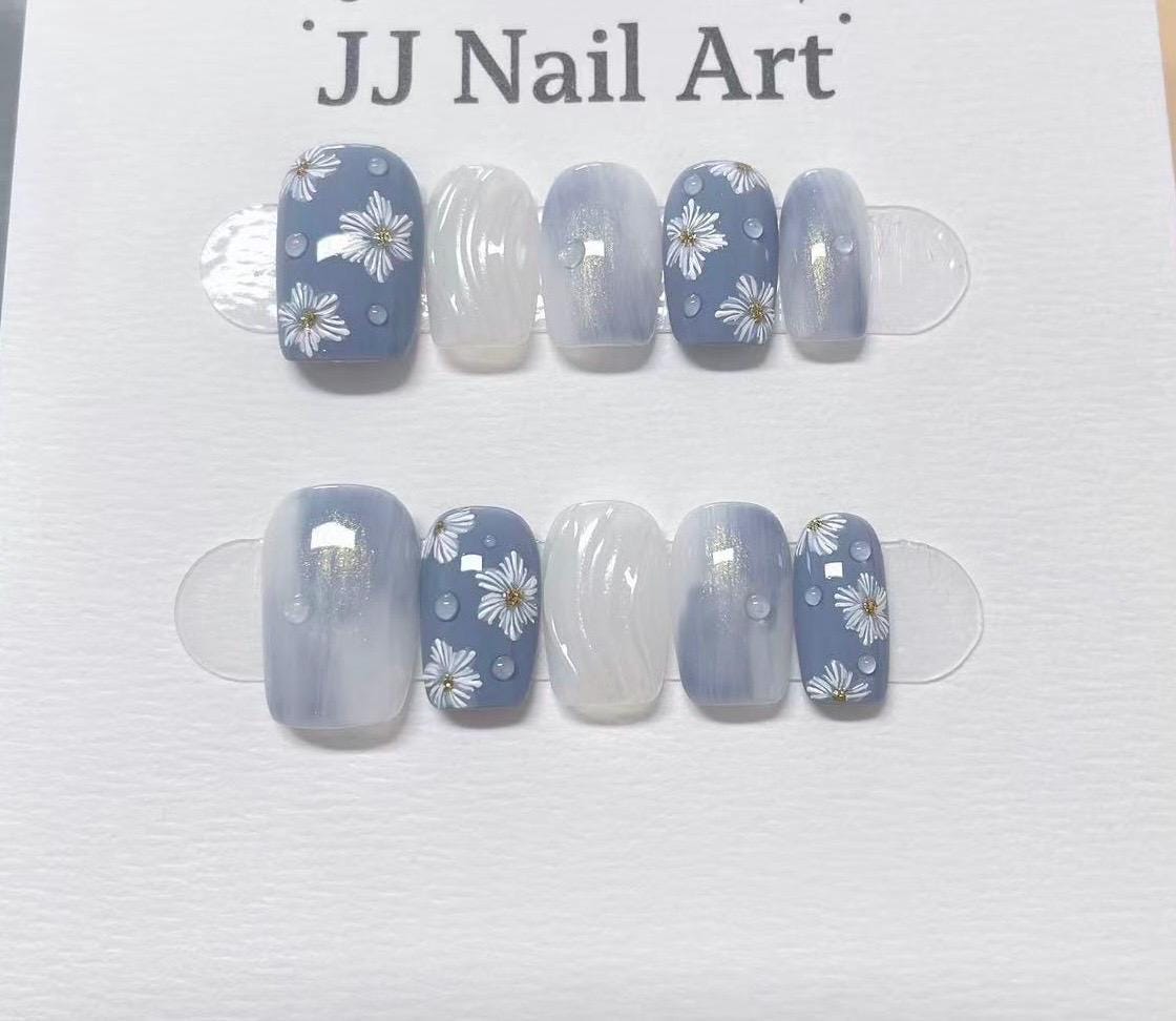 White Petals Hand Painted Press On Nails: Custom Shape Reusable Nail Set