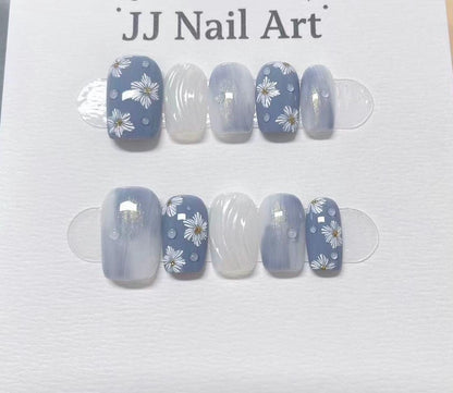 White Petals Hand Painted Press On Nails: Custom Shape Reusable Nail Set
