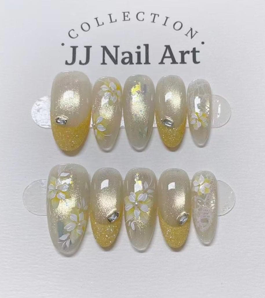 Handmade Yellow Glitters French Petals Press On Nails: Reusable Set