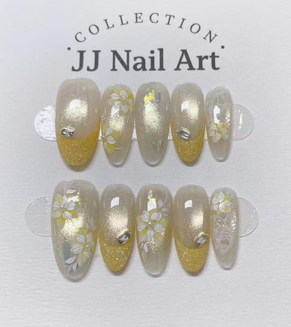 Handmade Yellow Glitters French Petals Press On Nails: Reusable Set
