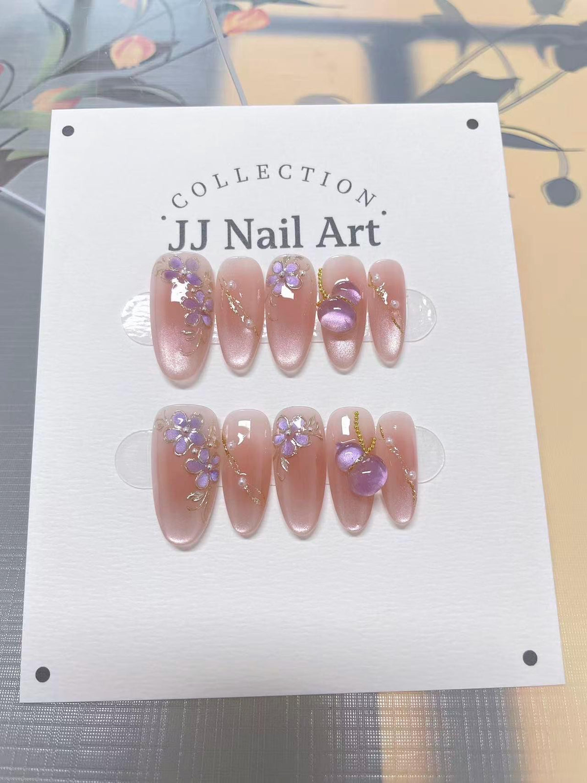 Purple Petals Hand Painted Press On Nails: Custom Shape Reusable Nail Set