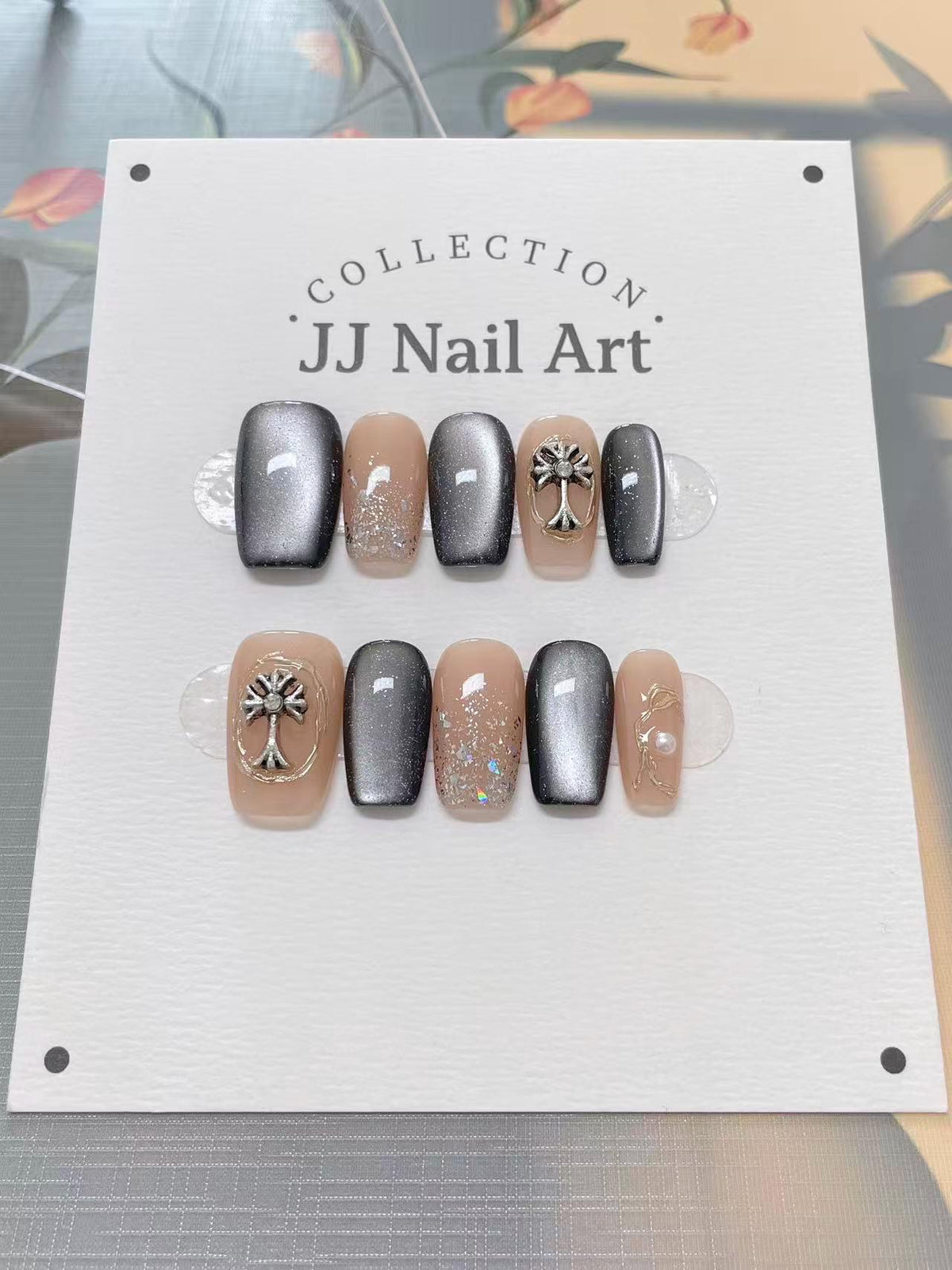 Handpainted Cross Cat Eye Petals  Press On Nails: Floral French Reusable Set