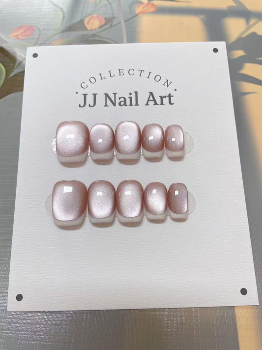 White French Cat Eye Hand Painted Press On Nails: Custom Shape Reusable Nail Set