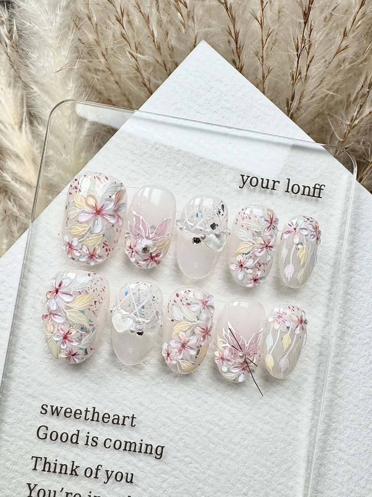 Blooming Flowers Press On Nails: Hand Painted Reusable Faux Nails
