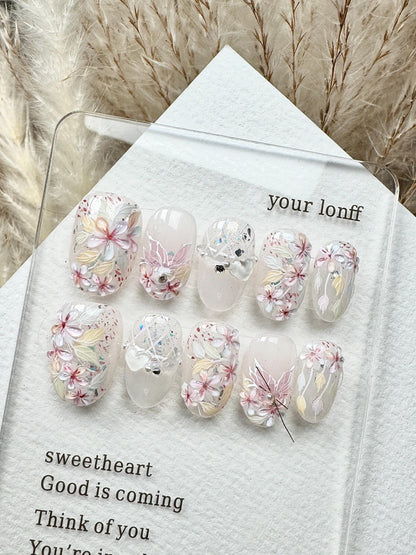 Blooming Flowers Press On Nails: Hand Painted Reusable Faux Nails