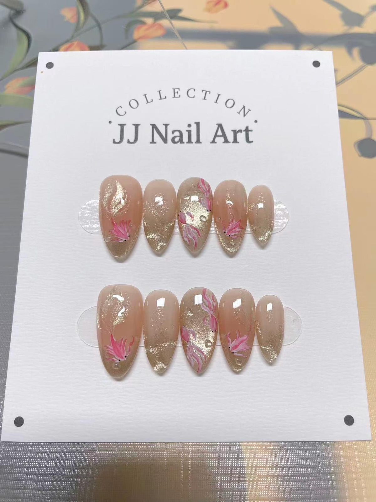 Custom Nail Shape Hand Painted Fish Press On Nails: Water Ripple Design, Reusable