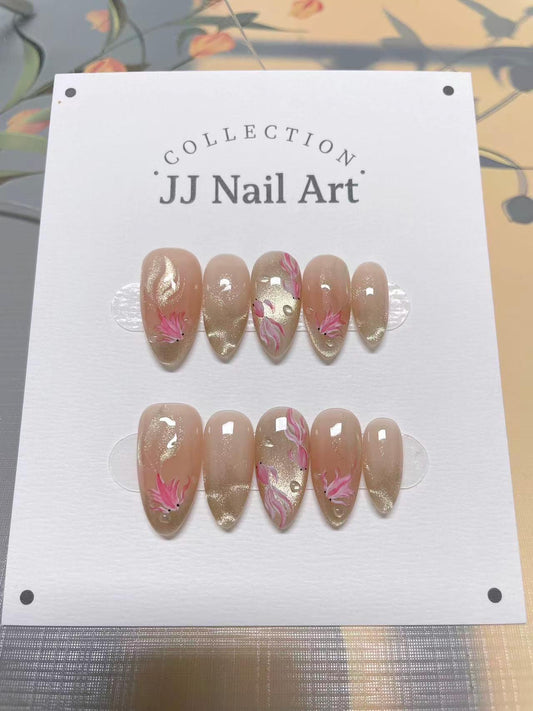 Custom Nail Shape Hand Painted Fish Press On Nails: Water Ripple Design, Reusable