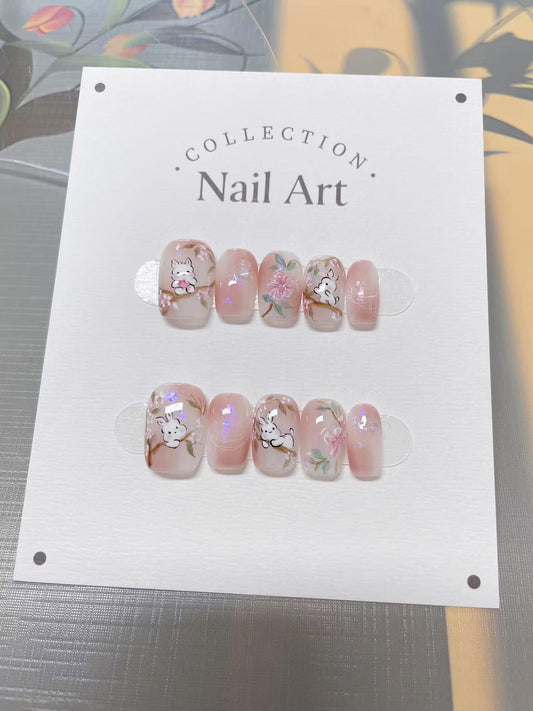 Hand Painted Bunny Flowers Press On Nails, Reusable Custom Nail Shape