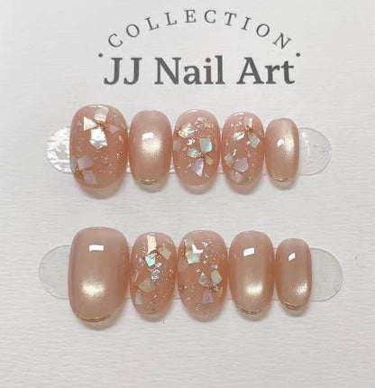 Handmade Shell Petals Cat Eye Press On Nails: Reusable Set