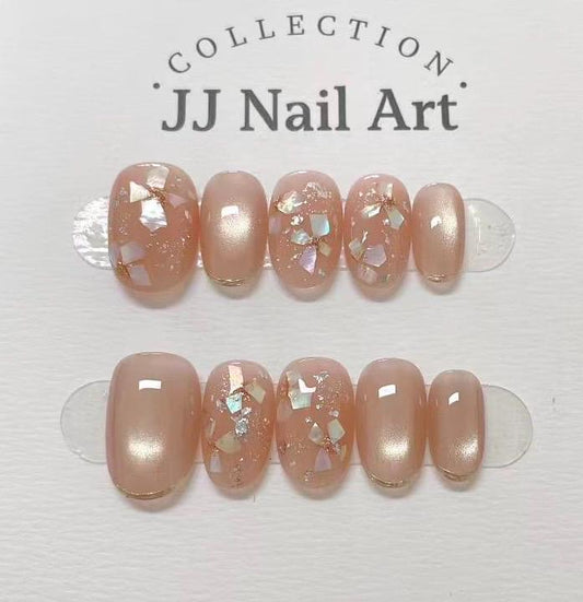 Handmade Shell Petals Cat Eye Press On Nails: Reusable Set