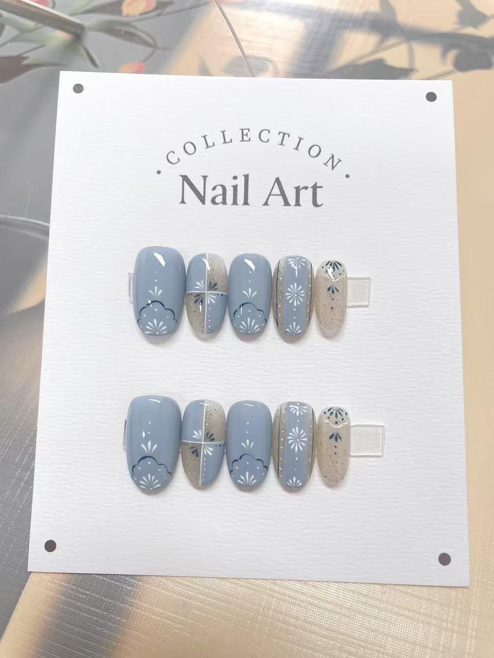 Sky Blue Flower Press On Nails: Hand Painted Reusable Faux Nails