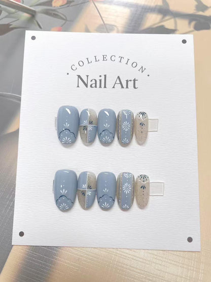 Sky Blue Flower Press On Nails: Hand Painted Reusable Faux Nails
