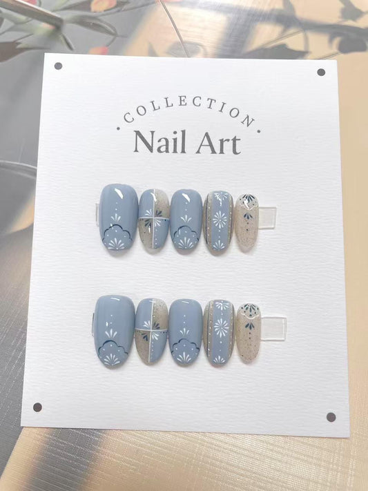 Sky Blue Flower Press On Nails: Hand Painted Reusable Faux Nails