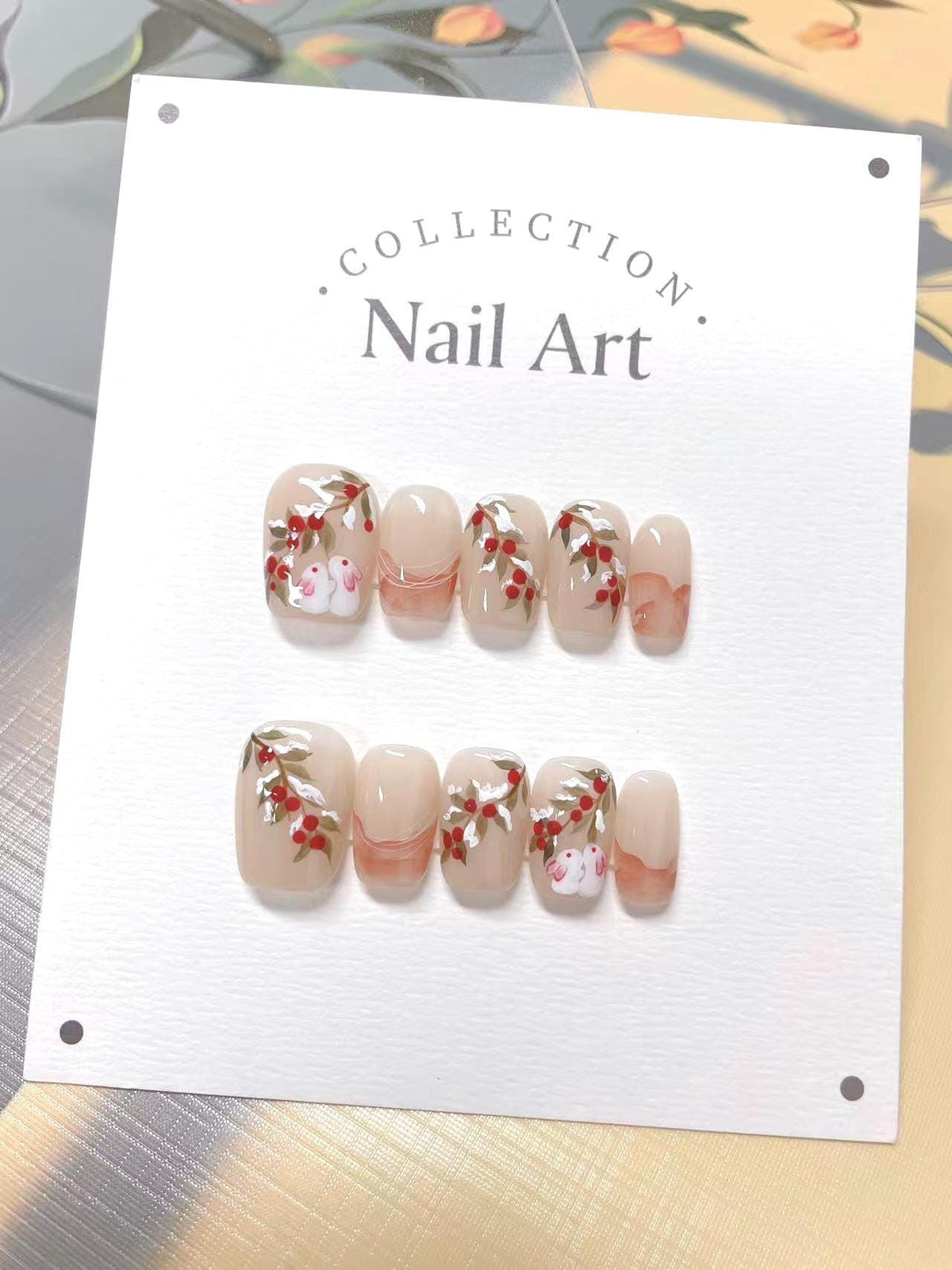 Hand Painted Winter Bunny Press On Nails: Reusable Faux Nails