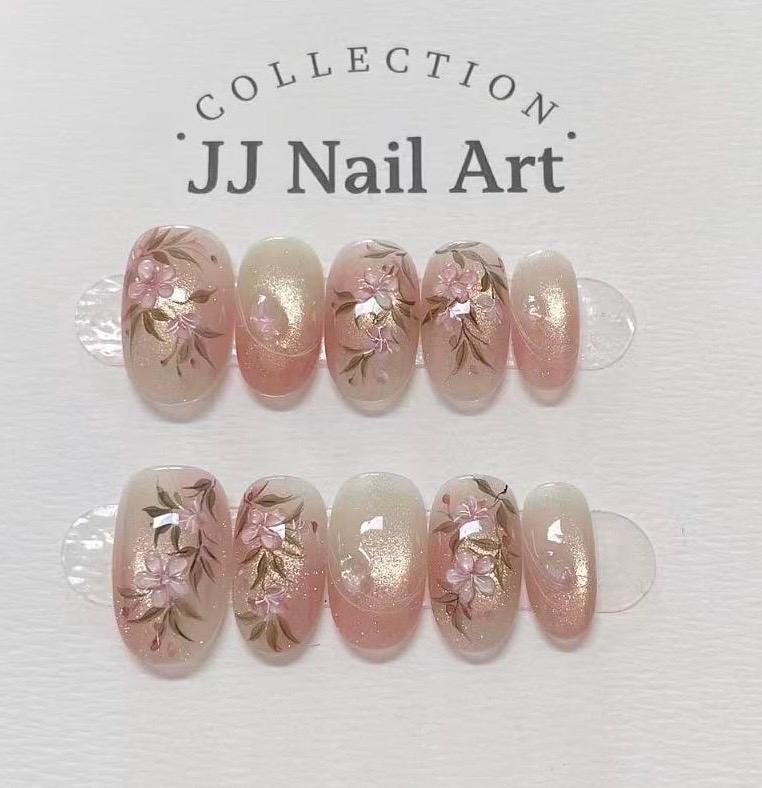 Handmade 3D Pink Flowers Cat Eye Petals  Press On Nails: Reusable Set