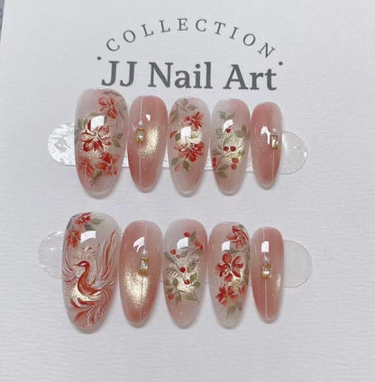 Fire Phoenix Cat Eye Press On Nails: Custom Shape Reusable Set