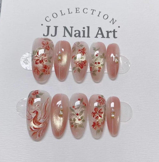 Fire Phoenix Cat Eye Press On Nails: Custom Shape Reusable Set