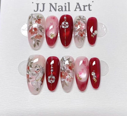 White Horse Cat Eye Hand Painted Press On Nails: Custom Shape Reusable Nail Set
