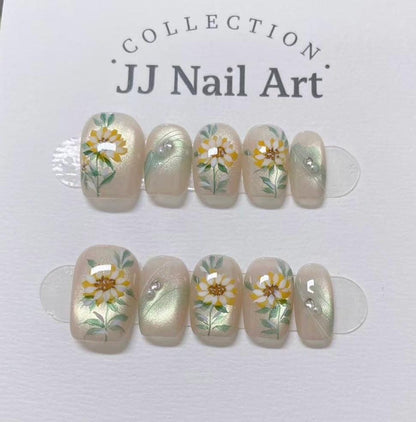 Sun Flowers Cat Eye Press On Nails: Custom Shape Reusable Set