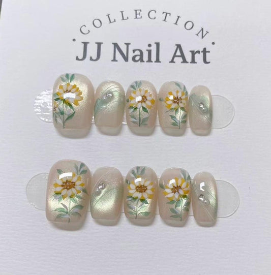Sun Flowers Cat Eye Press On Nails: Custom Shape Reusable Set
