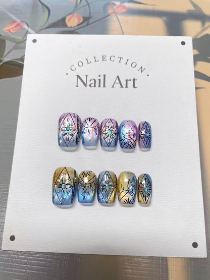 Hand Painted Press On Nails: Colorful Pattern, Reusable Faux Nails