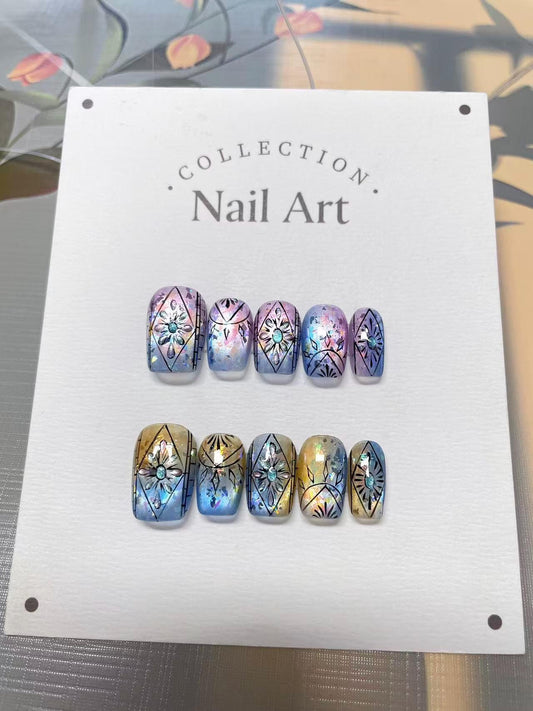 Hand Painted Press On Nails: Colorful Pattern, Reusable Faux Nails