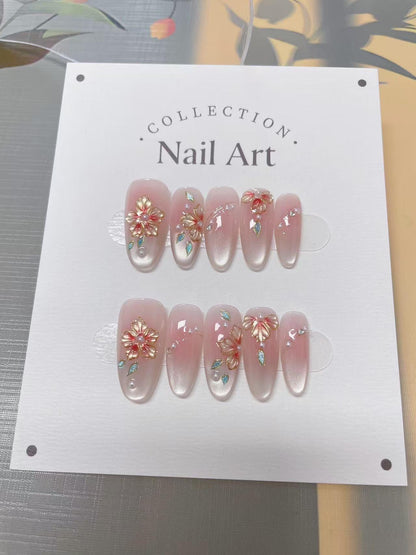 Hand Painted Flowers Cat Eye Press On Nails: Reusable Luxury Faux Nails