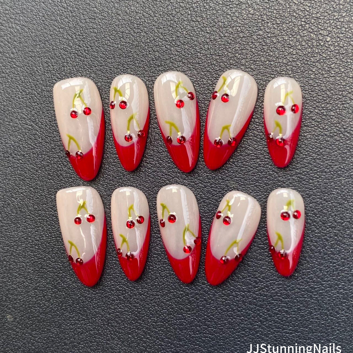 3D Cherry Press On Nails: Handmade Gel Almond Faux Nails