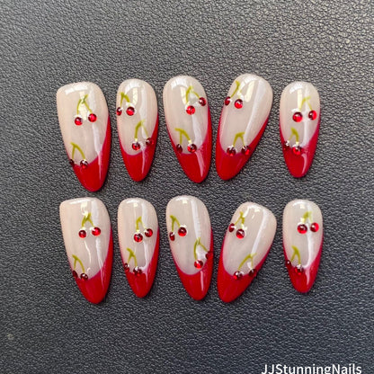 3D Cherry Press On Nails: Handmade Gel Almond Faux Nails