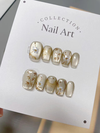 Handmade Fall Rose Press On Nails: Brown & Gold Gel, Reusable