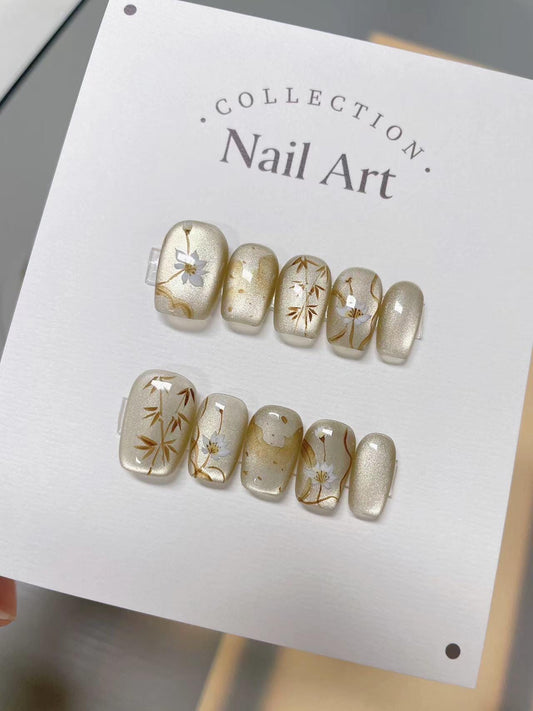 Handmade Fall Rose Press On Nails: Brown & Gold Gel, Reusable