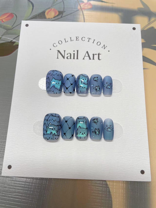 Lenticular Blue Cats Press On Nails: Hand Painted Reusable Faux Nails