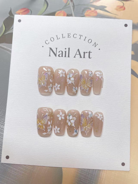 Hand Painted Press On Nails: Blooming Flowers, Butterfly, Reusable