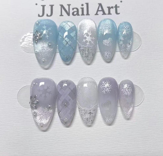 Snowflakes Ombre Cat Eye Hand Painted Press On Nails: Custom Shape Reusable Nail Set