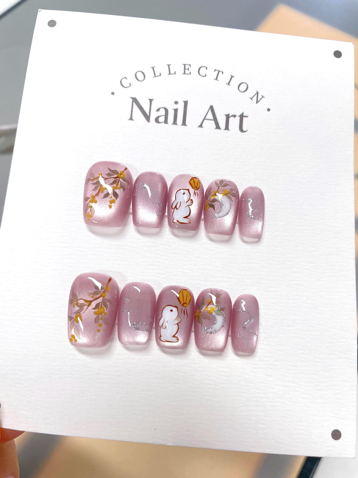 Hand Painted Bunny Moon Cat Eye Press On Nails: Reusable Faux Nails