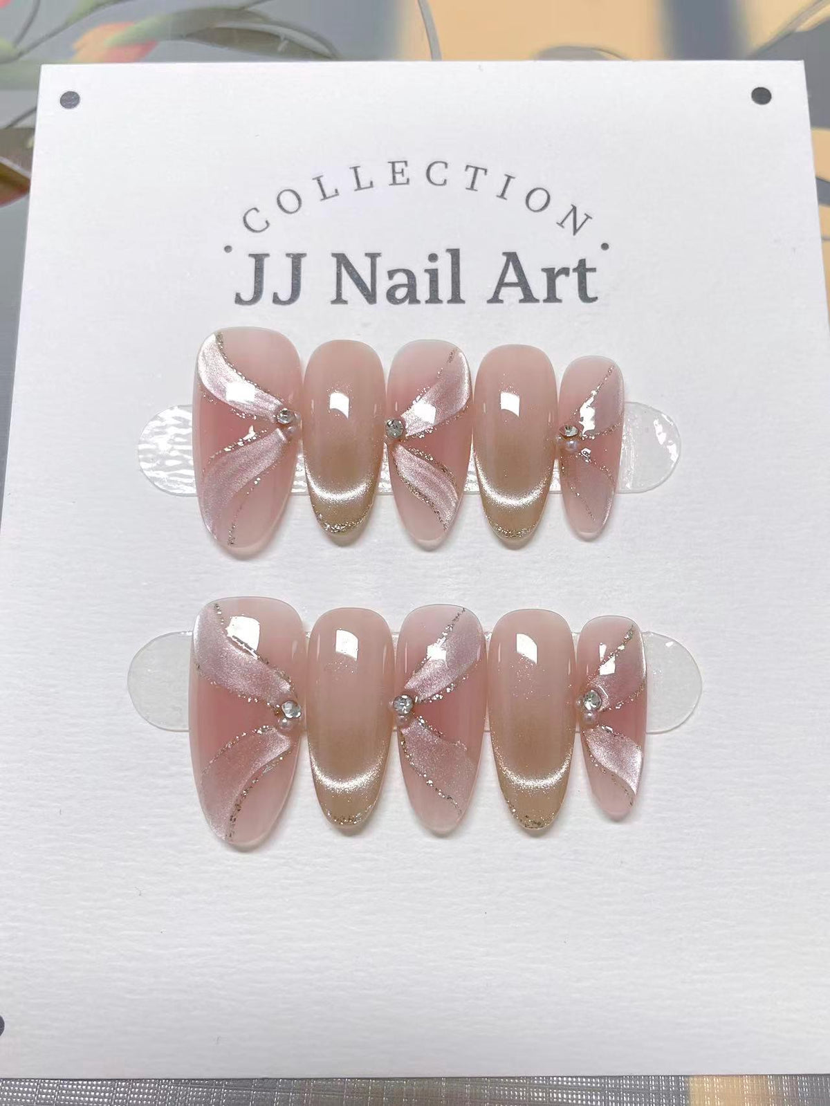 Cat Eye Ribbon Hand Painted Press On Nails: Custom Shape Reusable Nail Set