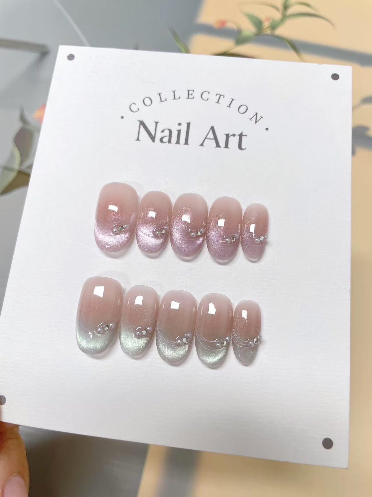 Hand Painted Cat Eye Press On Nails: Pink & Blue Reusable Faux Nails