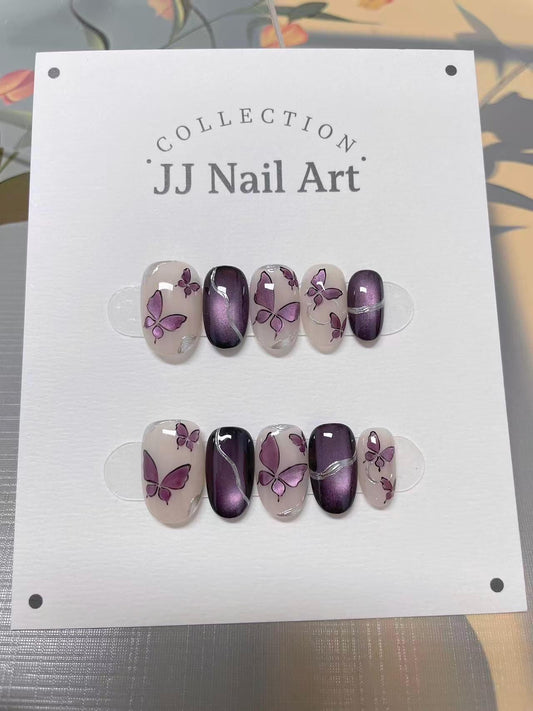Velvet Butterflies Cat Eye Press On Nails: Hand Painted Reusable Fake Nails