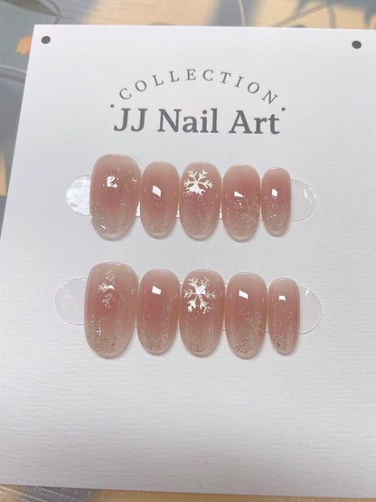 Crystal Snow Flakes Hand Painted Press On Nails:  Custom Shape Reusable Nails
